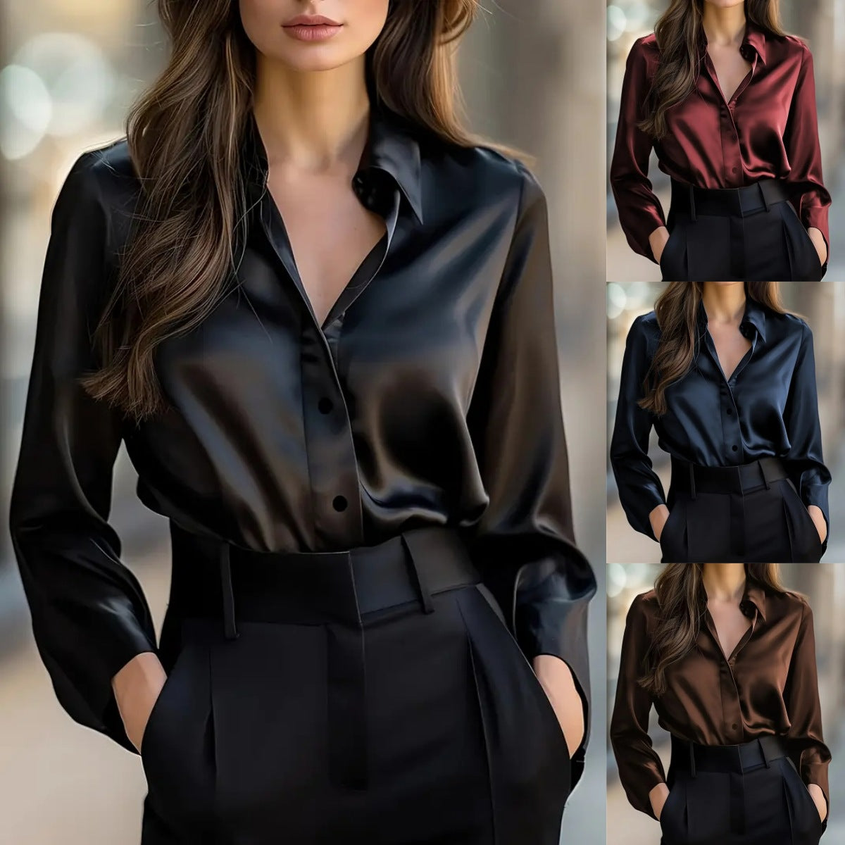Satin Finish Button-Down Shirt with V-Neck and Long Sleeves