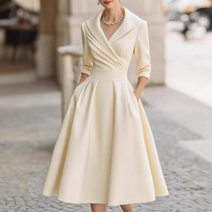 A-Line Midi Dress with Shawl Collar and Cuffed 3/4 Sleeves