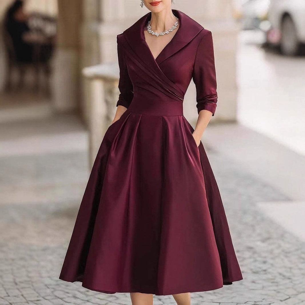 A-Line Midi Dress with Shawl Collar and Cuffed 3/4 Sleeves