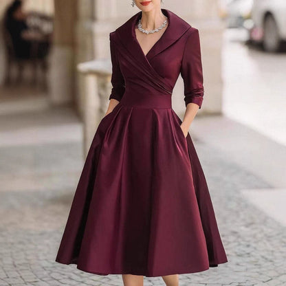 A-Line Midi Dress with Shawl Collar and Cuffed 3/4 Sleeves