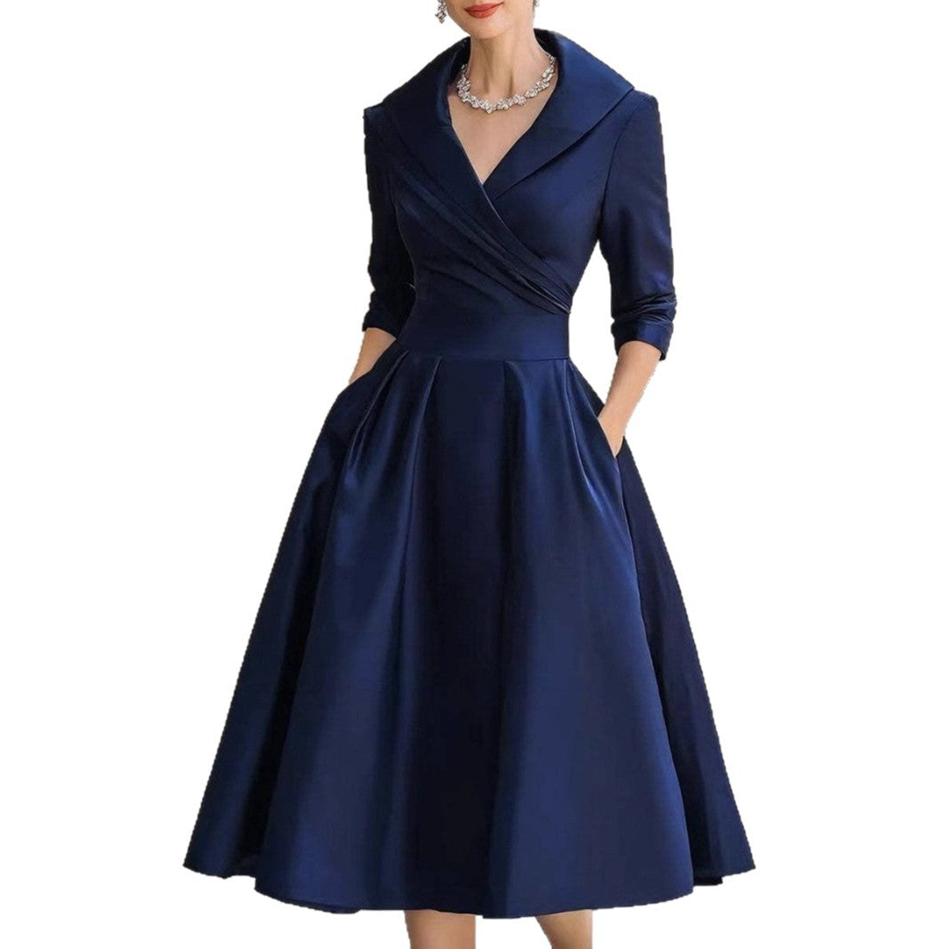 A-Line Midi Dress with Shawl Collar and Cuffed 3/4 Sleeves