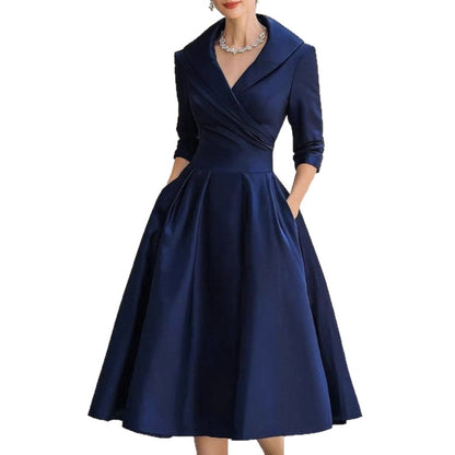 A-Line Midi Dress with Shawl Collar and Cuffed 3/4 Sleeves