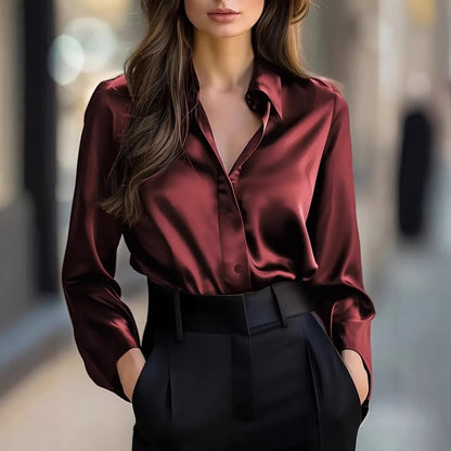 Satin Finish Button-Down Shirt with V-Neck and Long Sleeves