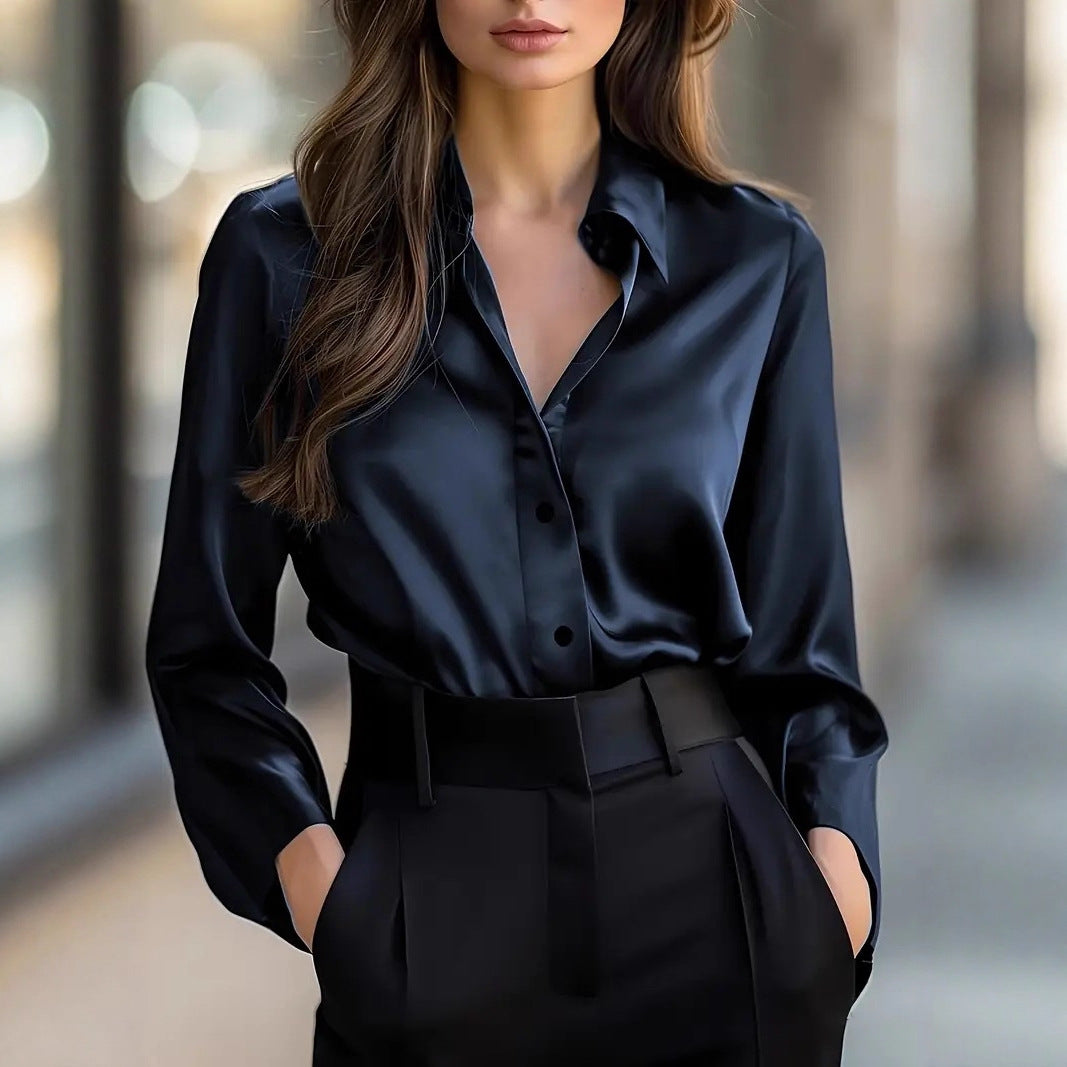 Satin Finish Button-Down Shirt with V-Neck and Long Sleeves