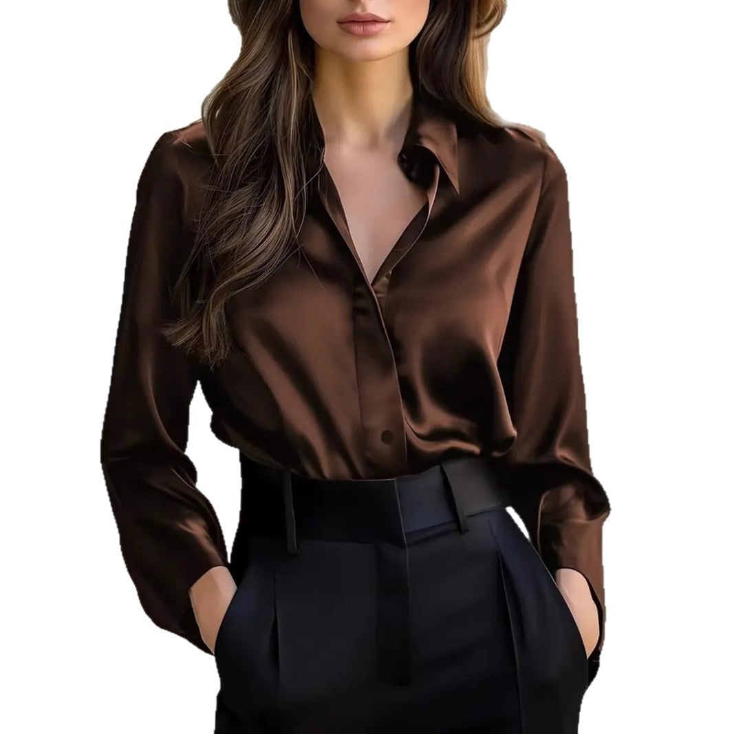 Satin Finish Button-Down Shirt with V-Neck and Long Sleeves