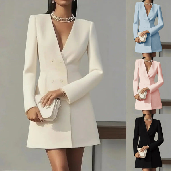 Blazer Mini Dress with Double-Breasted V-Neck