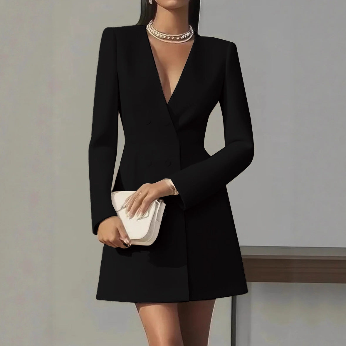Blazer Mini Dress with Double-Breasted V-Neck