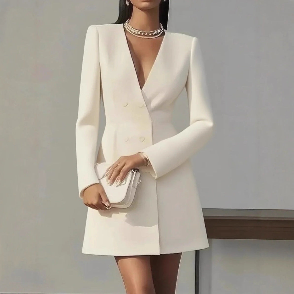 Blazer Mini Dress with Double-Breasted V-Neck