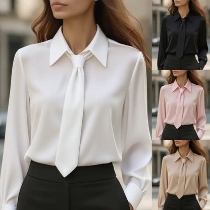 Solid Color Long-Sleeve Blouse with Neck Tie