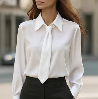 Solid Color Long-Sleeve Blouse with Neck Tie