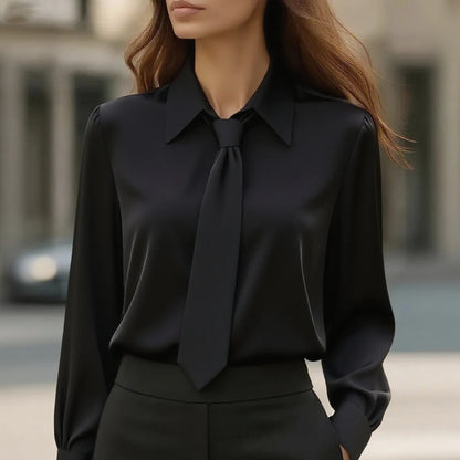 Solid Color Long-Sleeve Blouse with Neck Tie