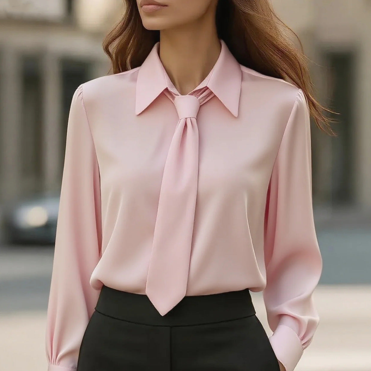Solid Color Long-Sleeve Blouse with Neck Tie