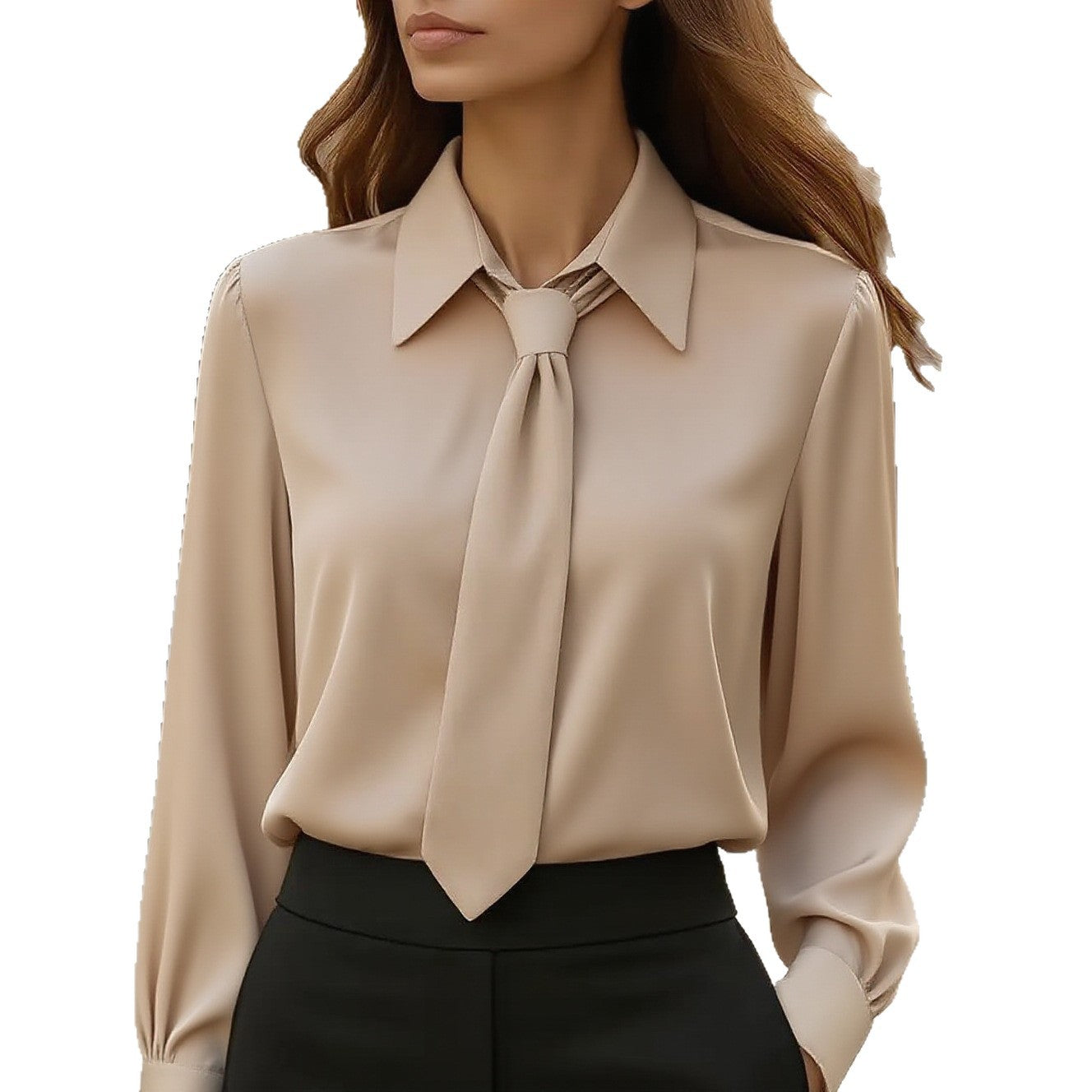 Solid Color Long-Sleeve Blouse with Neck Tie