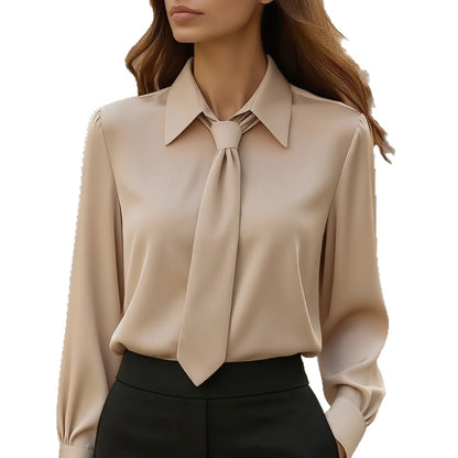 Solid Color Long-Sleeve Blouse with Neck Tie