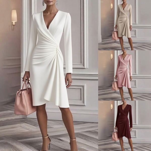 Long-Sleeve Cross V-Neck Dress with Ruched Waist
