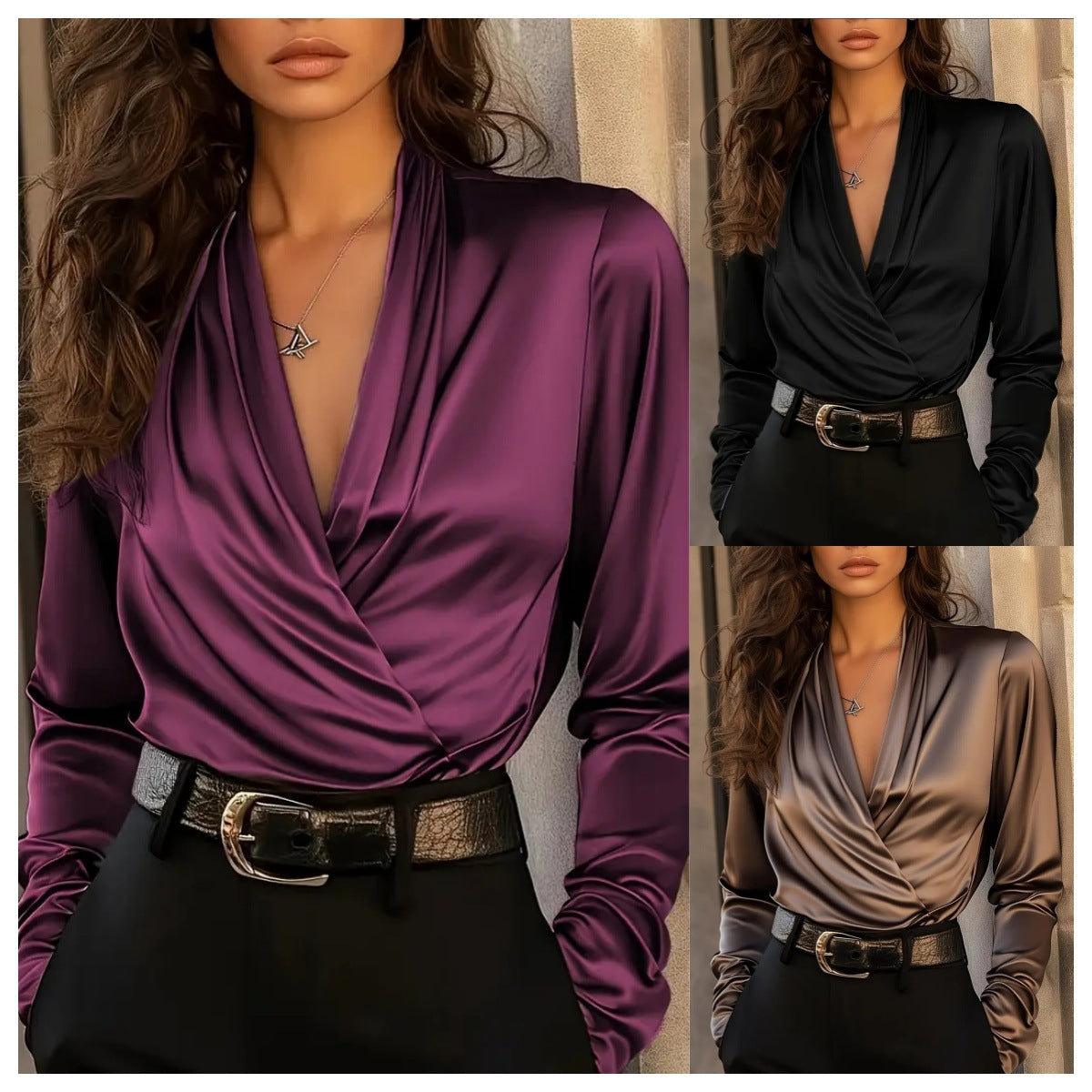 Solid Satin Blouse with Draped V-Neck and Long Sleeves
