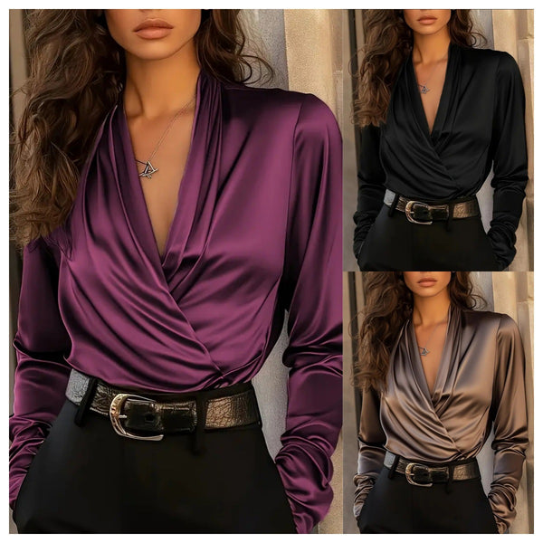 Solid Satin Blouse with Draped V-Neck and Long Sleeves