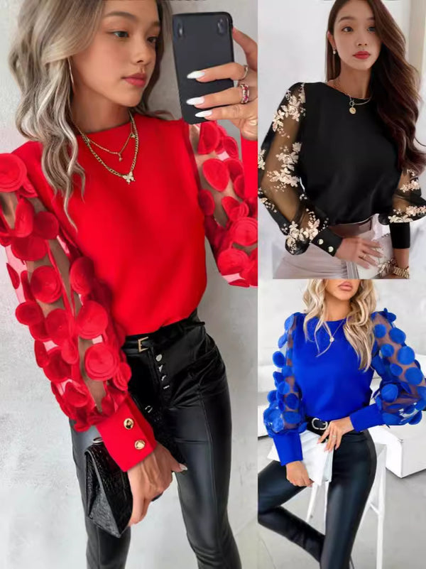 Round Neck Blouse with Embellished Sheer Long Sleeves