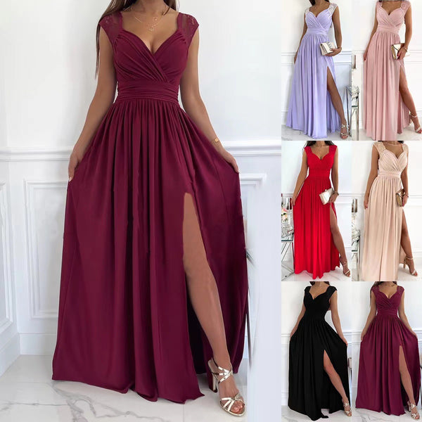 A-Line Maxi Dress with Ruched V-Neck and High Slit