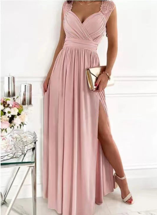 A-Line Maxi Dress with Ruched V-Neck and High Slit