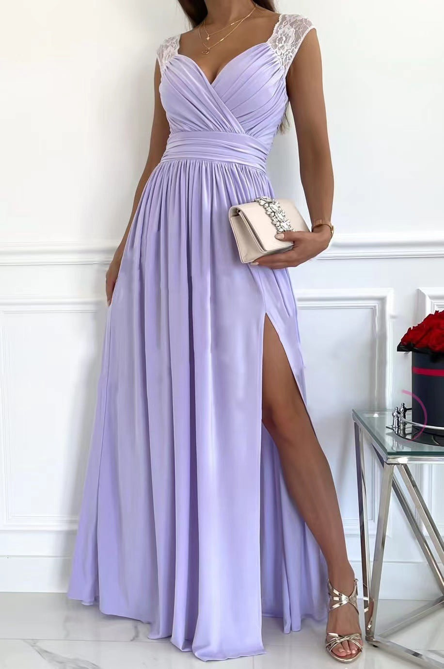 A-Line Maxi Dress with Ruched V-Neck and High Slit