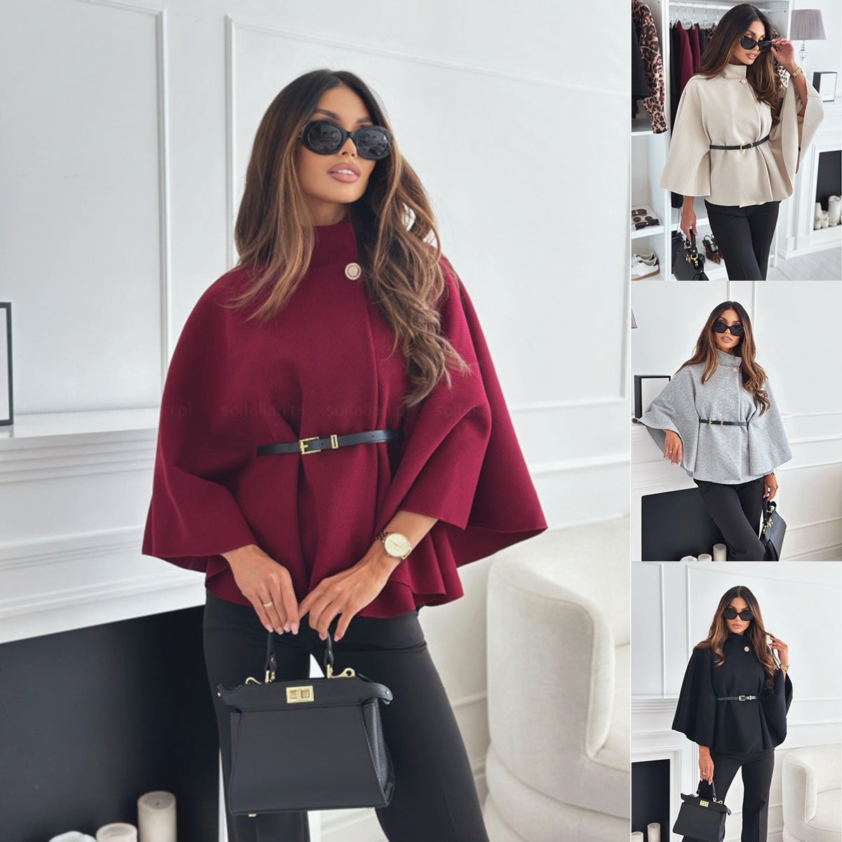 Belted Poncho Coat with Mock Neck and Bat Sleeves