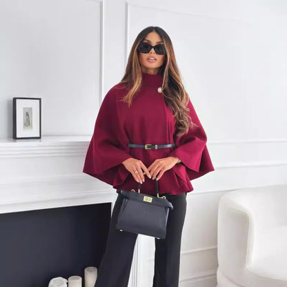 Belted Poncho Coat with Mock Neck and Bat Sleeves