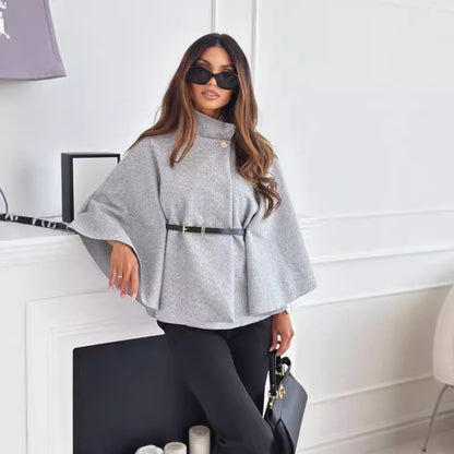 Belted Poncho Coat with Mock Neck and Bat Sleeves