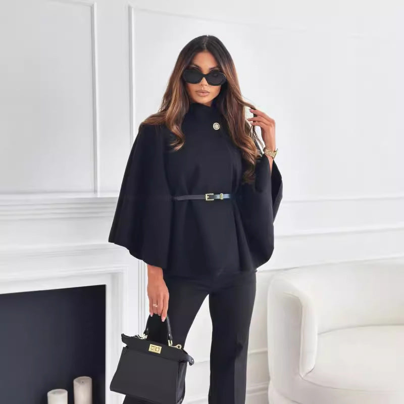 Belted Poncho Coat with Mock Neck and Bat Sleeves
