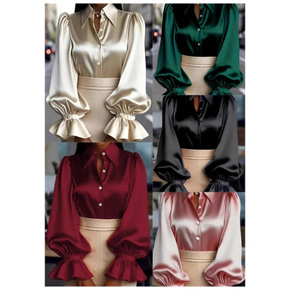 Solid Satin Blouse with Puff Sleeves and Ruffled Cuffs