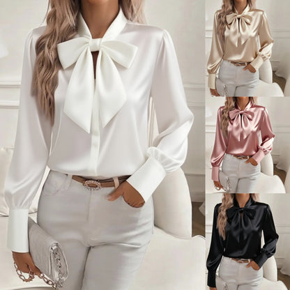Long Sleeve Satin Blouse with Oversized Bow Collar
