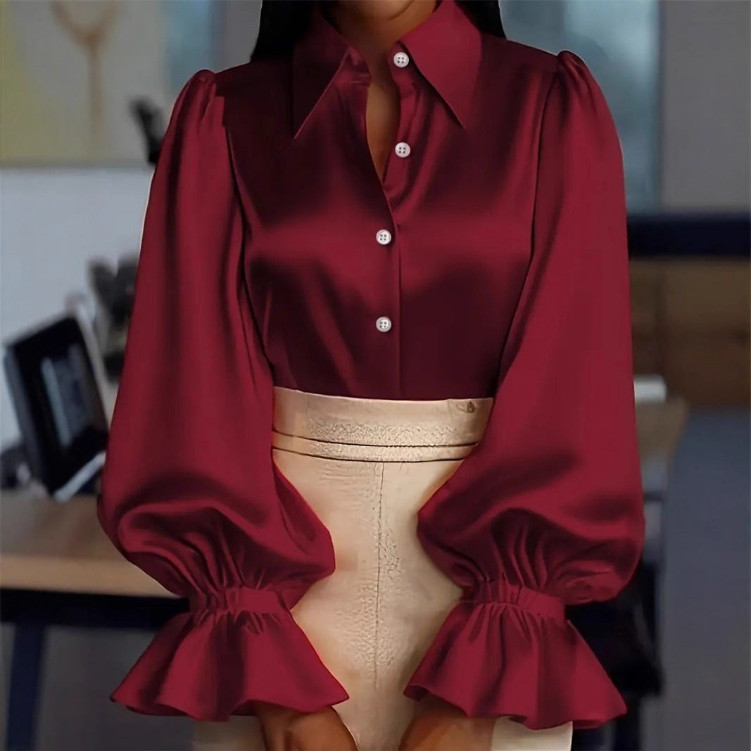 Solid Satin Blouse with Puff Sleeves and Ruffled Cuffs
