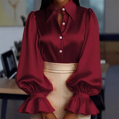 Solid Satin Blouse with Puff Sleeves and Ruffled Cuffs
