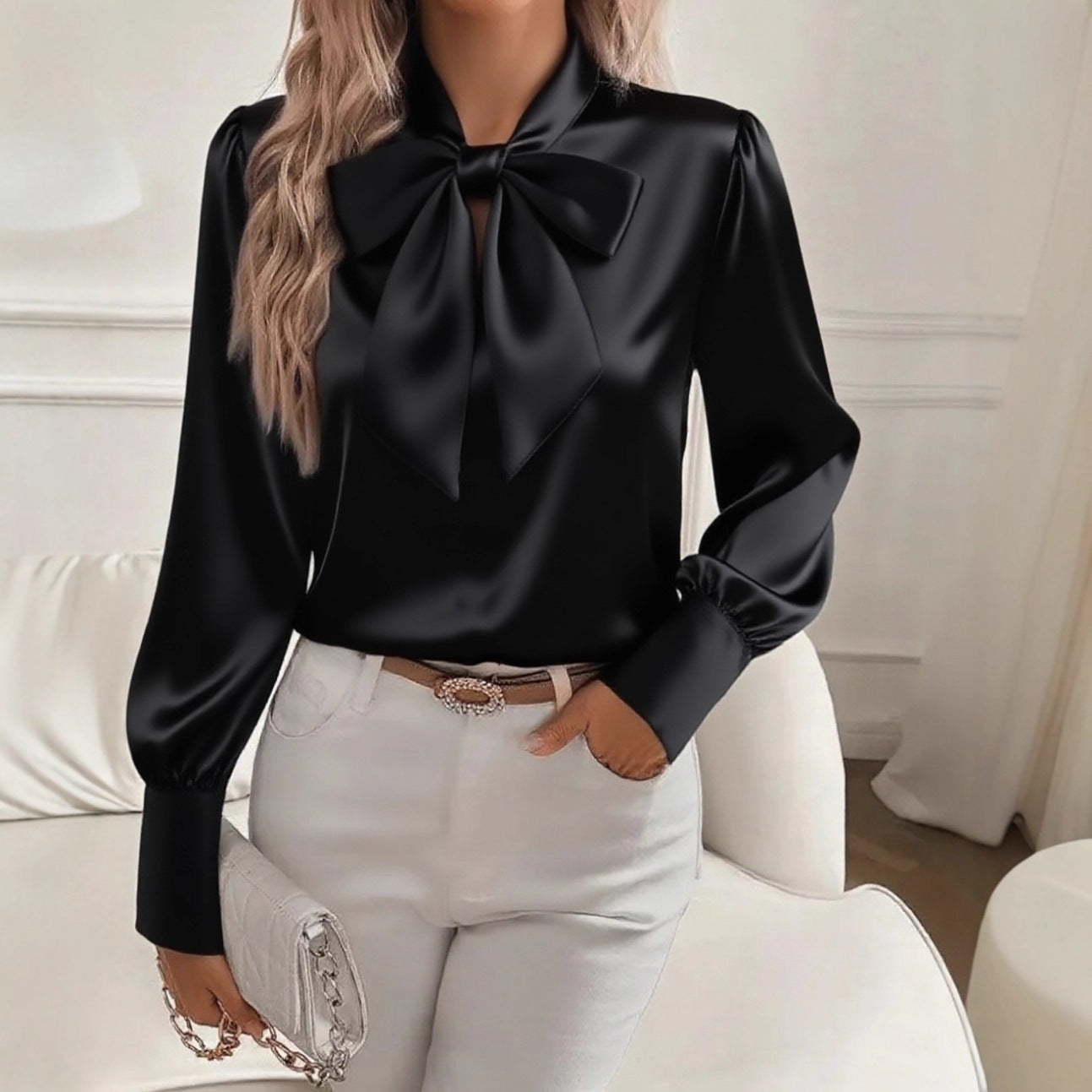 Long Sleeve Satin Blouse with Oversized Bow Collar
