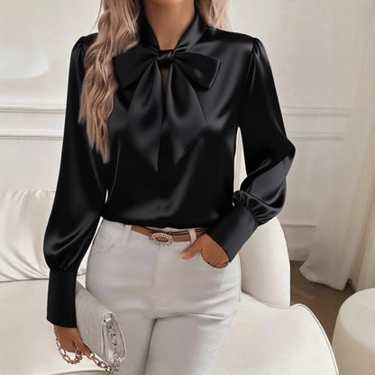 Long Sleeve Satin Blouse with Oversized Bow Collar