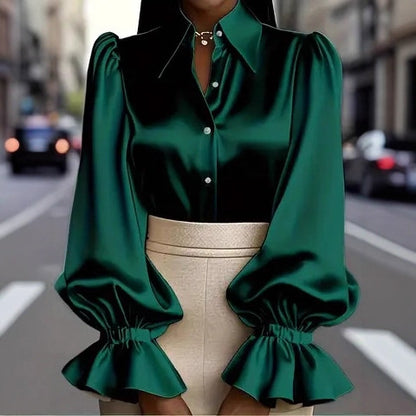 Solid Satin Blouse with Puff Sleeves and Ruffled Cuffs