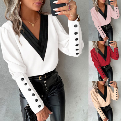 Solid Blouse with Contrast Pleated V-Neck and Button Cuffs