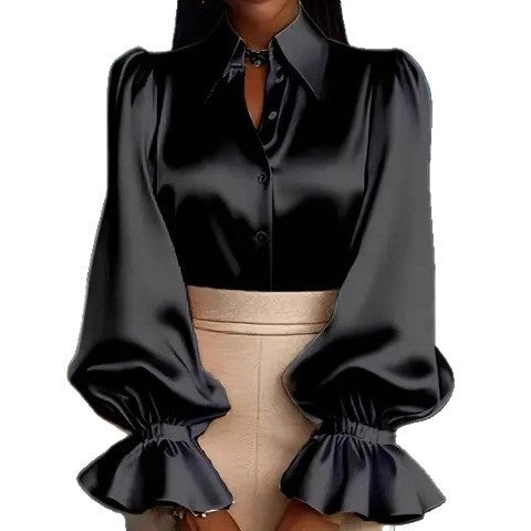 Solid Satin Blouse with Puff Sleeves and Ruffled Cuffs