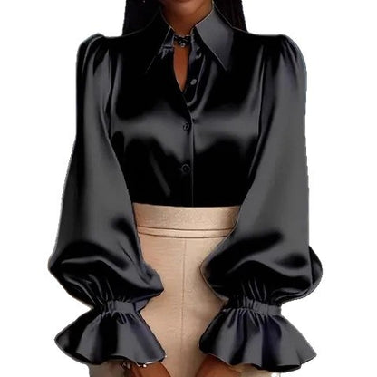 Solid Satin Blouse with Puff Sleeves and Ruffled Cuffs