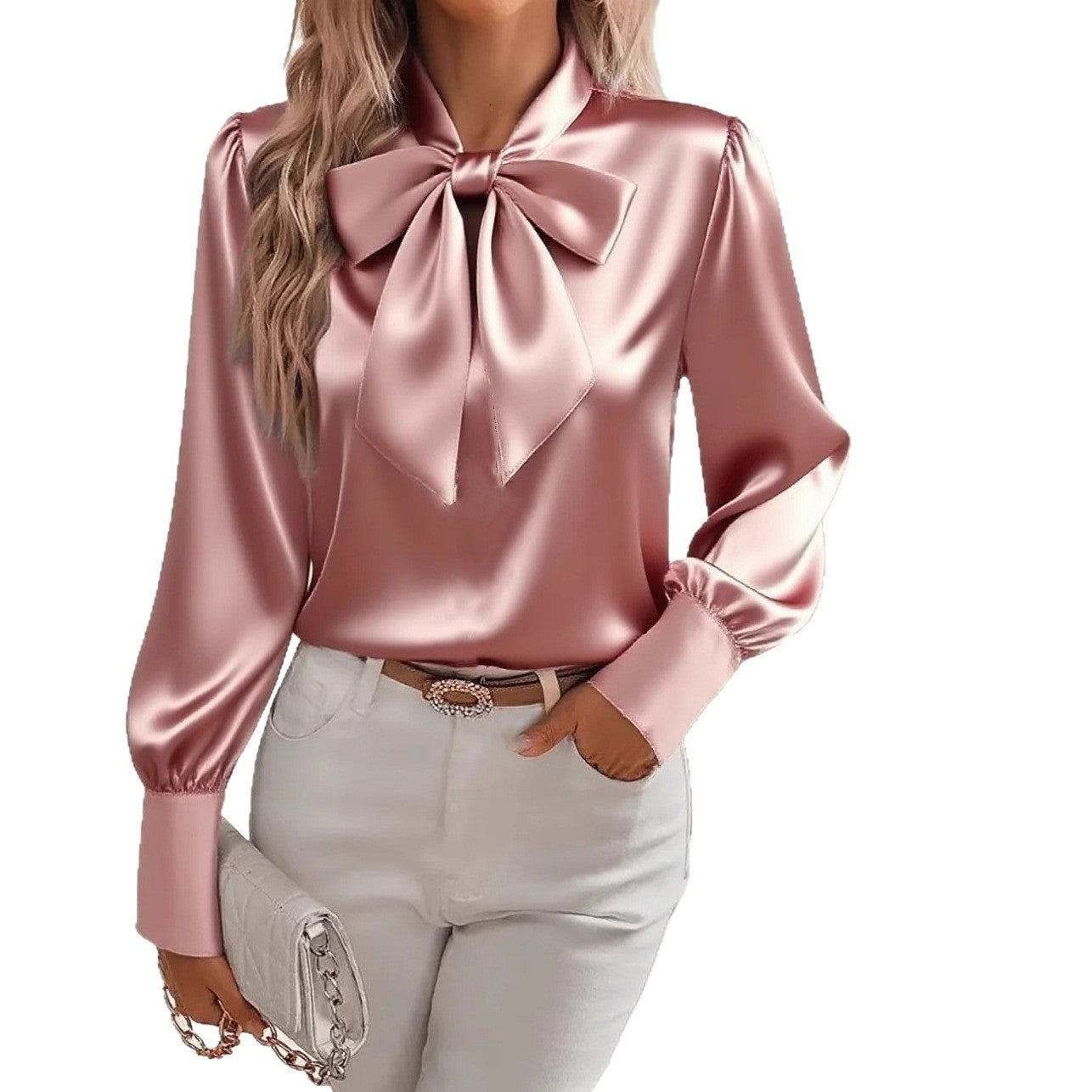 Long Sleeve Satin Blouse with Oversized Bow Collar