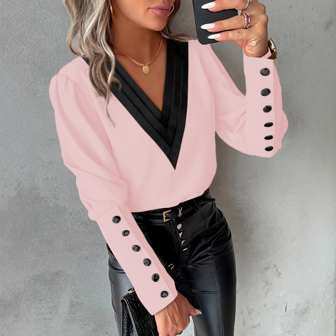 Solid Blouse with Contrast Pleated V-Neck and Button Cuffs