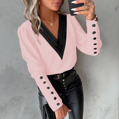 Solid Blouse with Contrast Pleated V-Neck and Button Cuffs