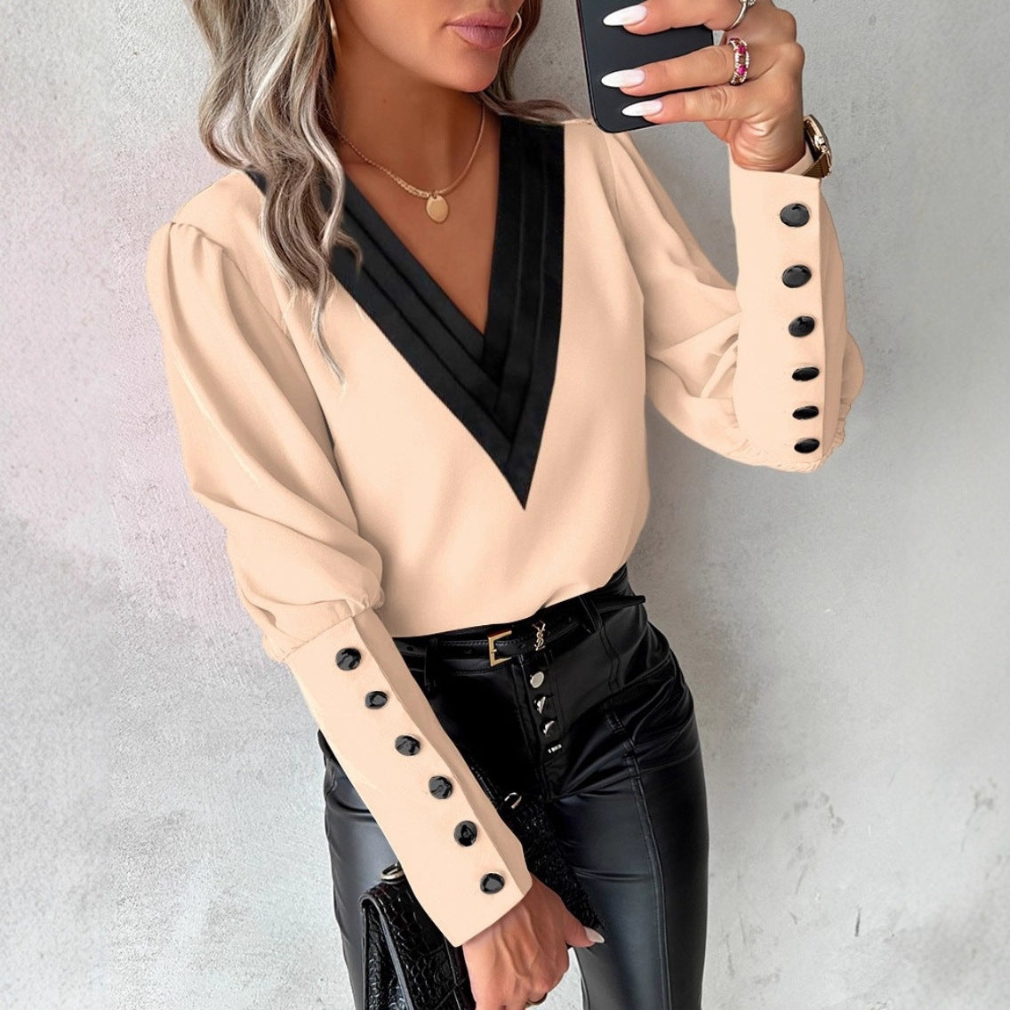 Solid Blouse with Contrast Pleated V-Neck and Button Cuffs