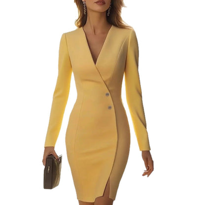 Slim-Fit Suit Dress with V-Neck and Button Slit