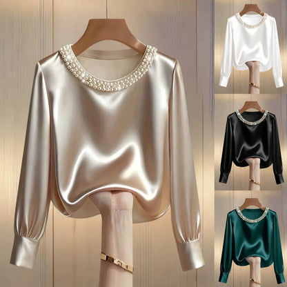 Satin Blouse with Pearl Embellished Crew Neck