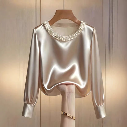 Satin Blouse with Pearl Embellished Crew Neck
