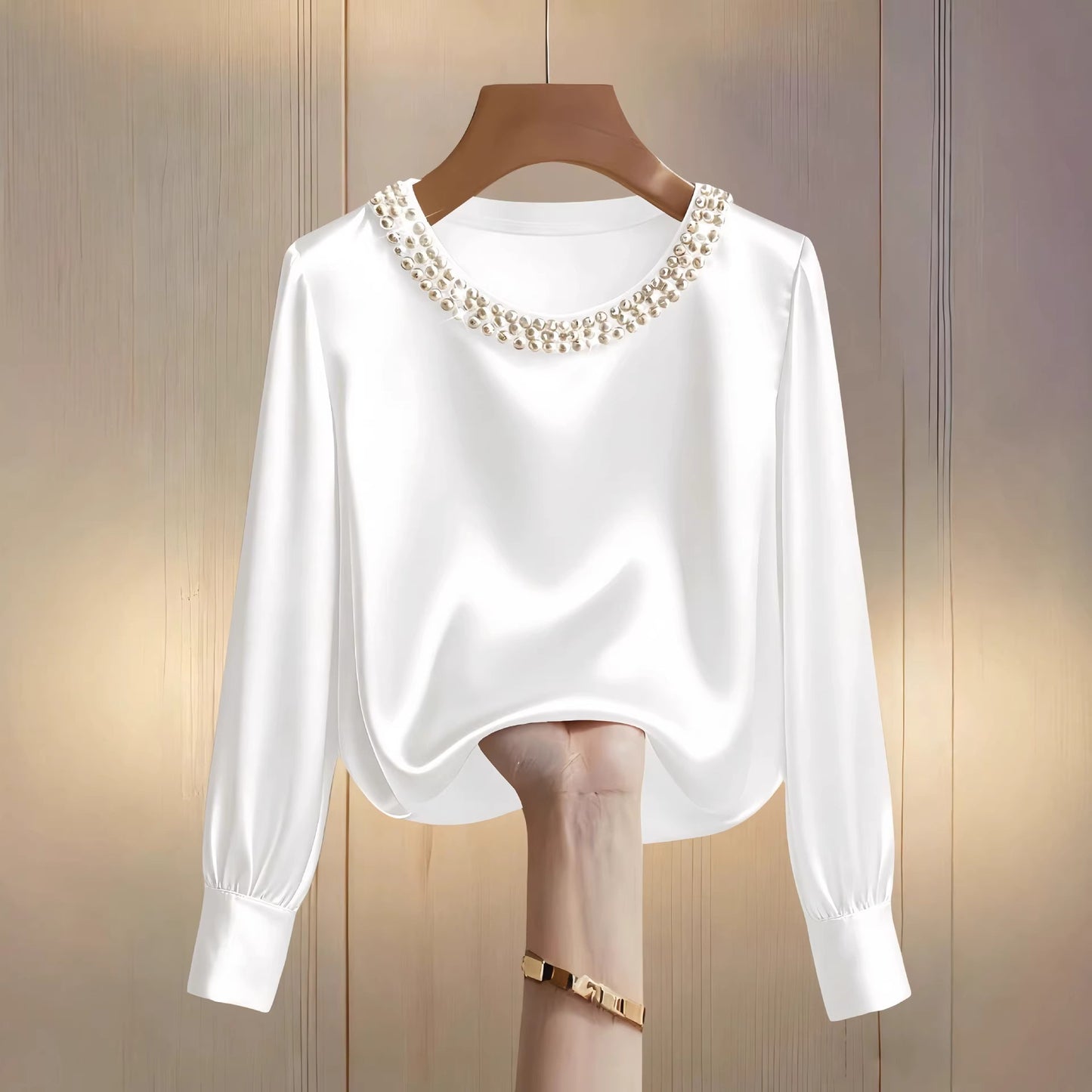Satin Blouse with Pearl Embellished Crew Neck