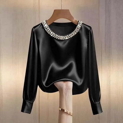 Satin Blouse with Pearl Embellished Crew Neck