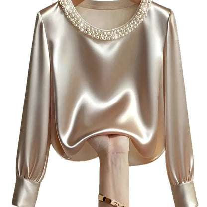 Satin Blouse with Pearl Embellished Crew Neck