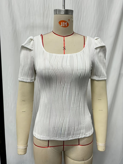 Slim-Fit Wavy Textured Knit Top with U-Neck and Puff Sleeves